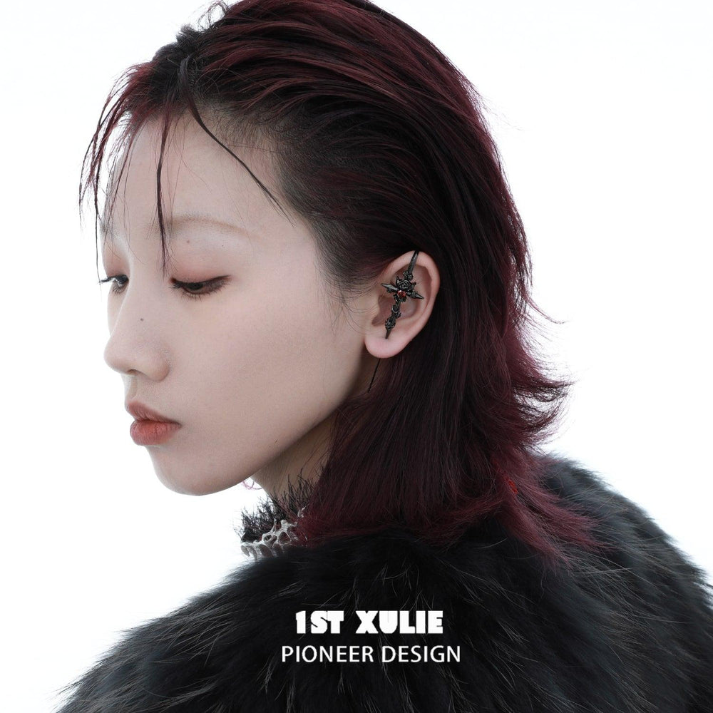 1ST XULIE "Taboo Rose" Edgy Sword Threader Needle Piercing Earrings in Platinum Plated Brass - Texture Detail