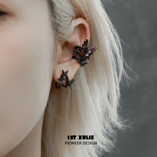 1ST XULIE "Butterfly Wasteland" Textured Butterfly Stud Earrings in Platinum Plated - On Model