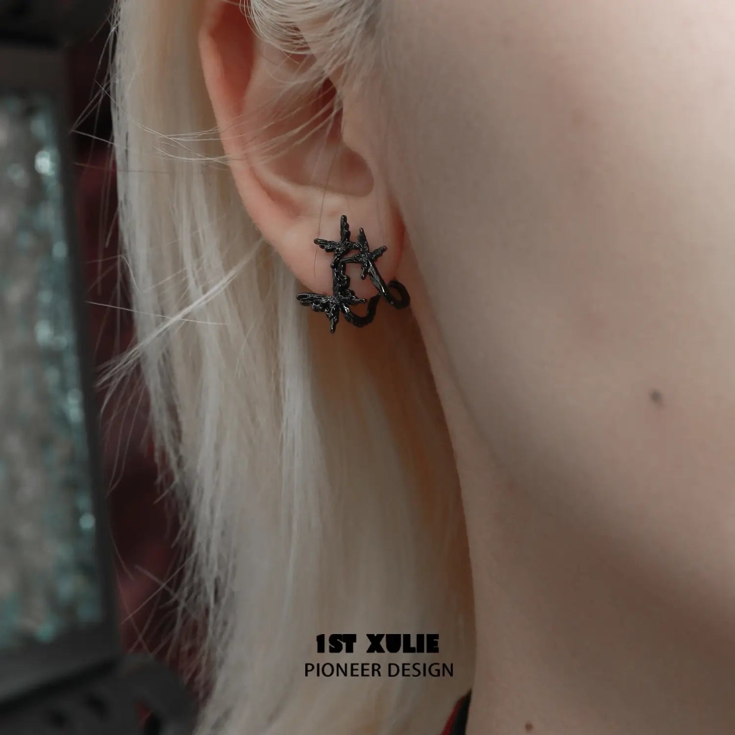 1ST XULIE "Butterfly Wasteland" Textured Butterfly Stud Earrings in Platinum Plated - Side View