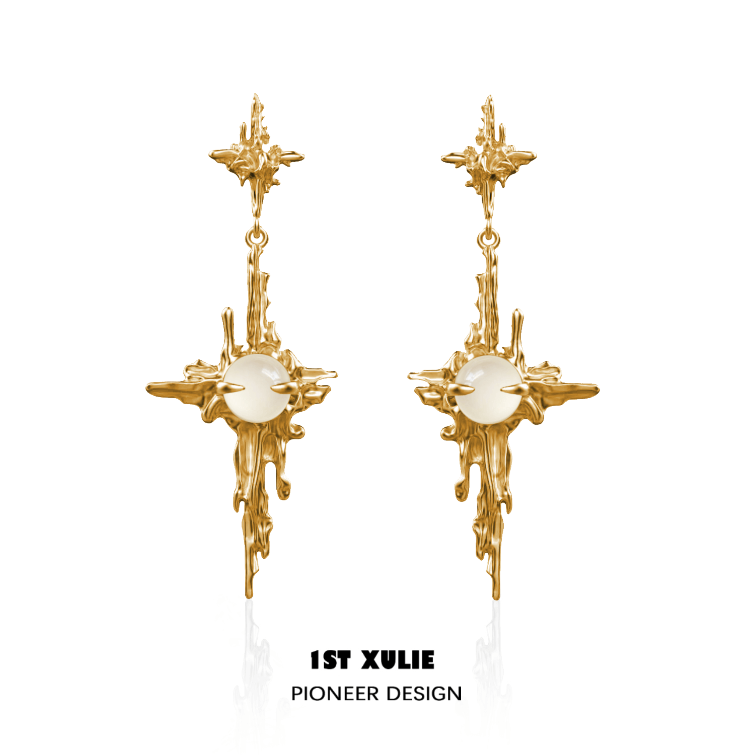 1ST XULIE "Day Dream" Textured White Agate Pendant Earrings in 24K Gold Plate - Product View