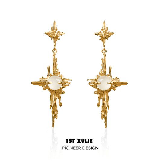 1ST XULIE "Day Dream" Textured White Agate Pendant Earrings in 24K Gold Plate - Product View