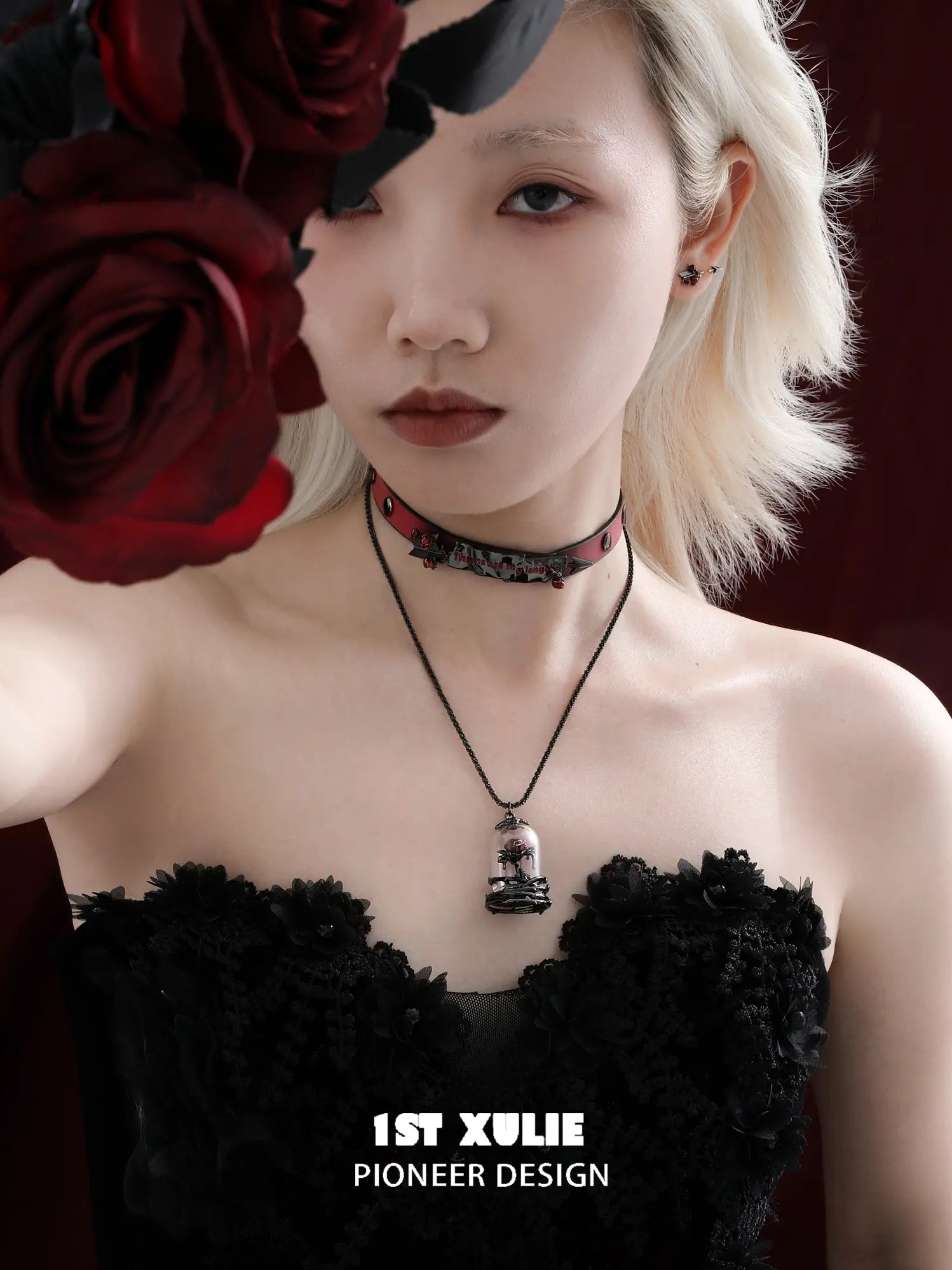 1ST XULIE Jewelry "TWILIGHT ROSE" Thermochromic Rose Bow Choker in Black Gold Plated Brass - Side View