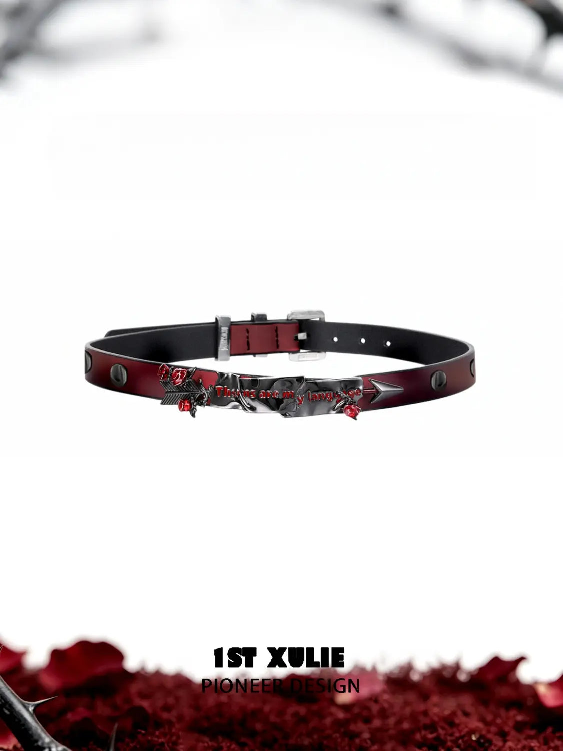 1ST XULIE Jewelry "TWILIGHT ROSE" Thermochromic Rose Bow Choker in Black Gold Plated Brass - Texture