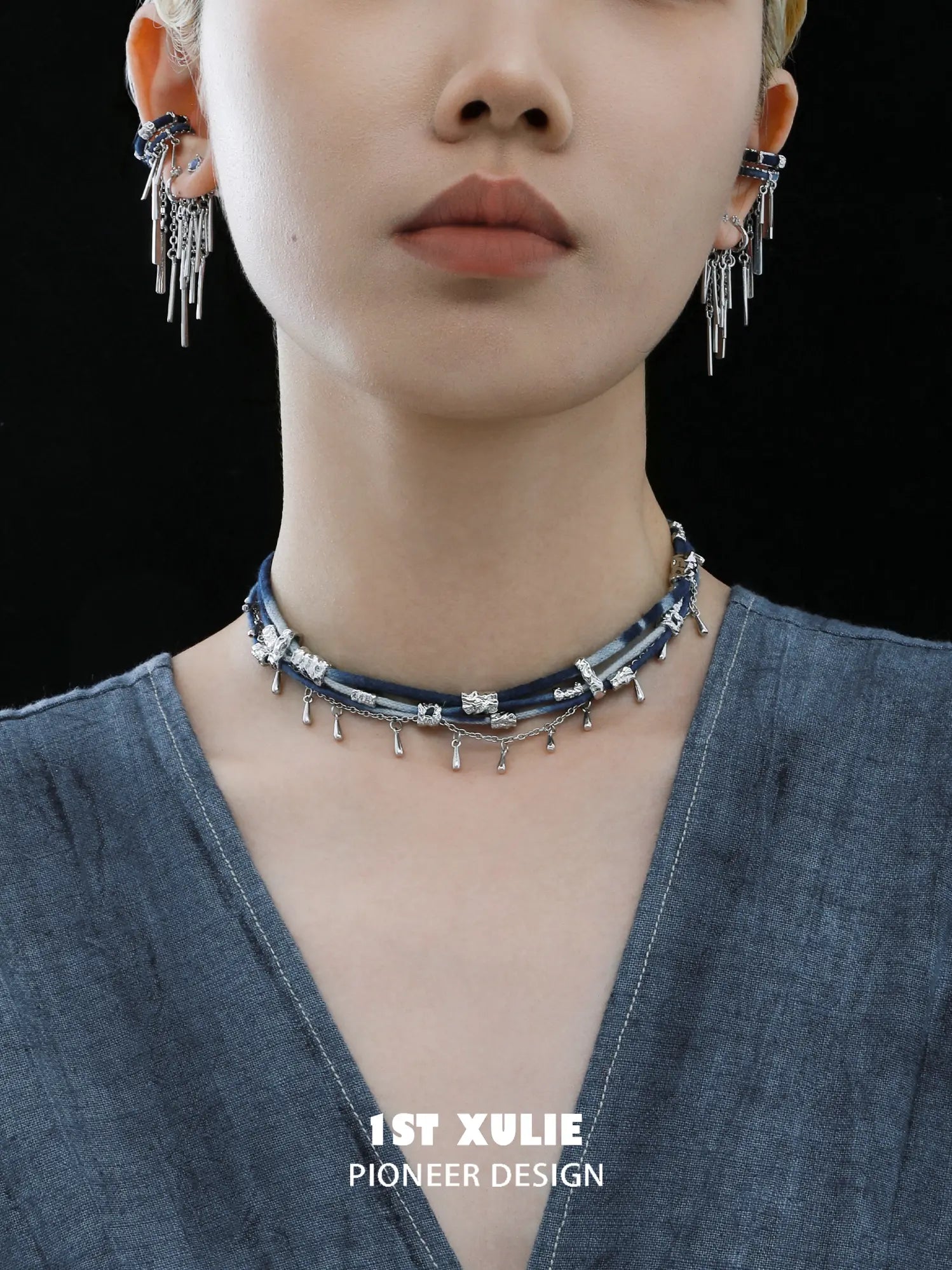 1ST XULIE Jewelry "MIAO" Tie-Dye Braided Moon River Choker Necklace in Tie-Dye Cotton - Product View