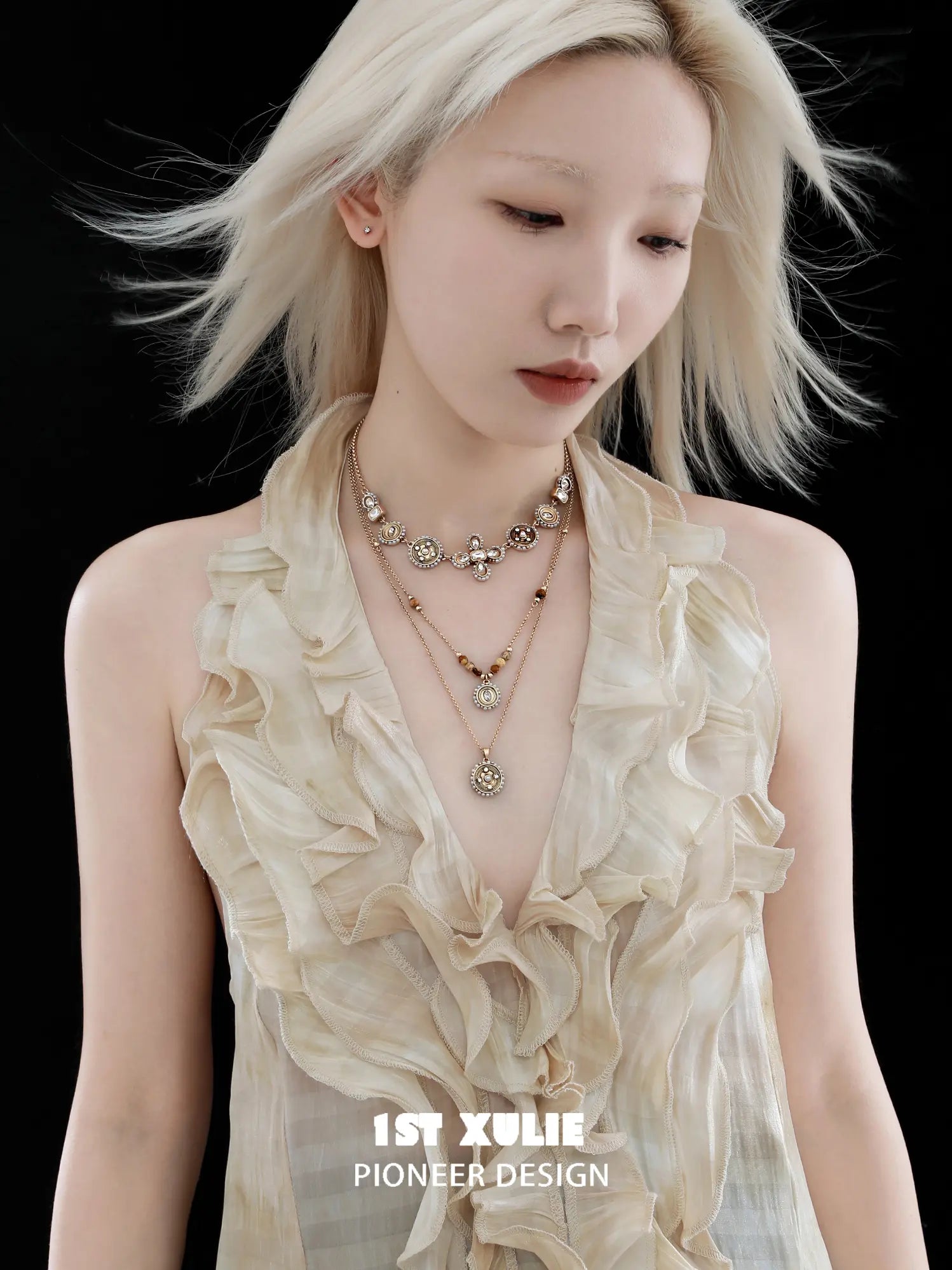 1ST XULIE Jewelry "Bastet" Tiger's Eye & Pearl Layered Pendant Necklaces in 18K Gold Plated - Detail Shot