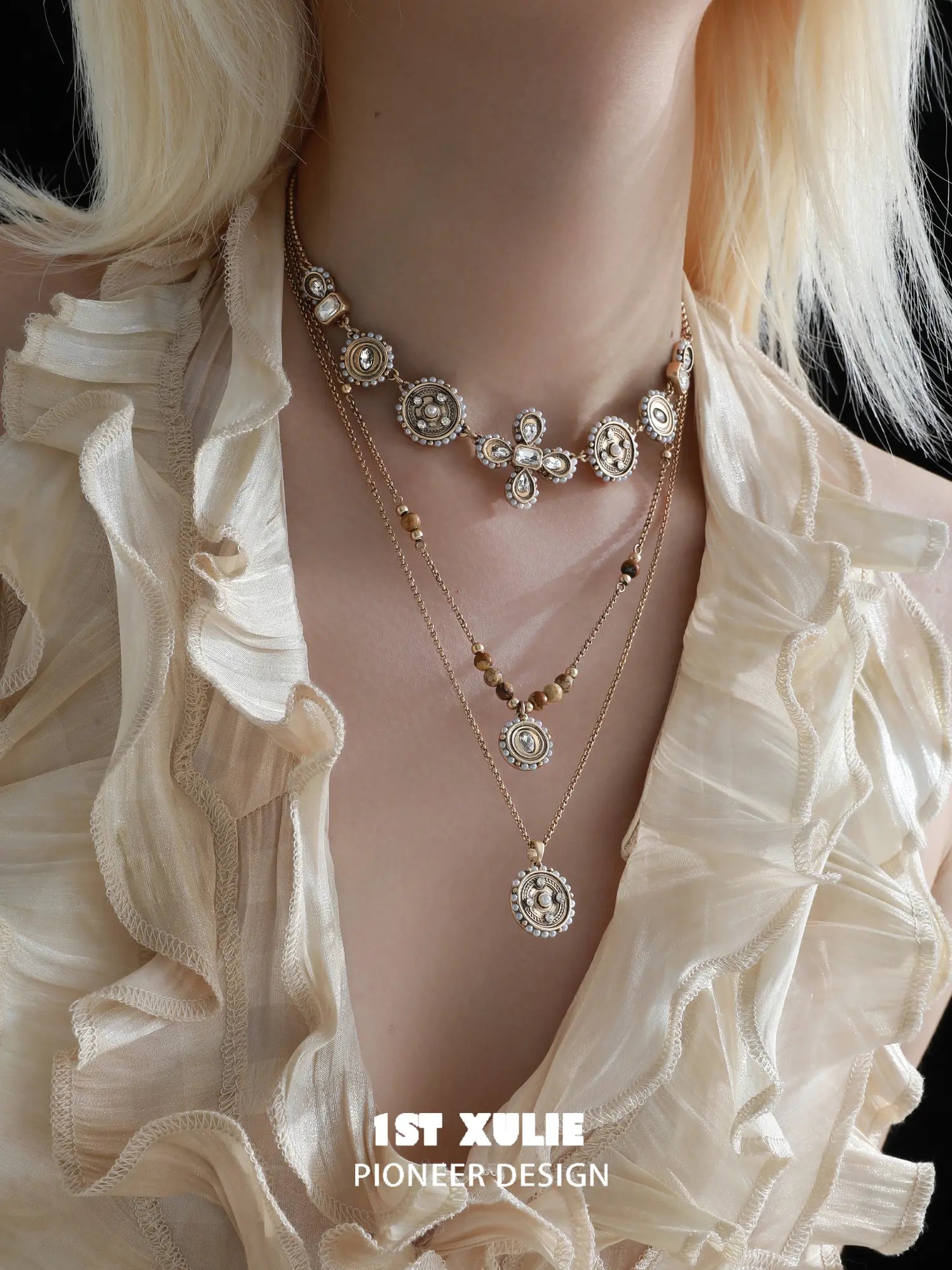 1ST XULIE Jewelry "Bastet" Tiger's Eye & Pearl Layered Pendant Necklaces in 18K Gold Plated - On Model