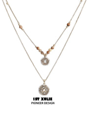 1ST XULIE Jewelry "Bastet" Tiger's Eye & Pearl Layered Pendant Necklaces in 18K Gold Plated - On Model Close Up