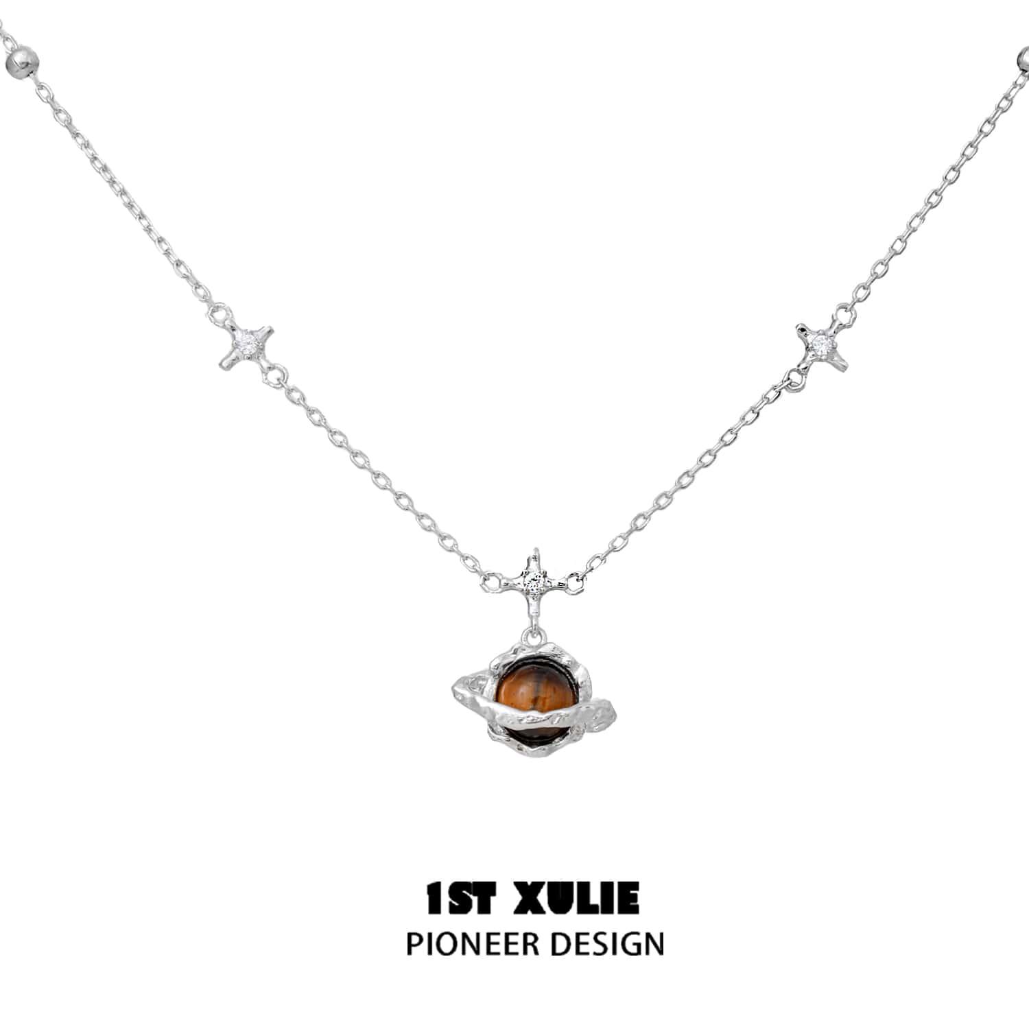 1ST XULIE "Barren Planet" Tiger's Eye Planet Statement Pendant Necklace in 925 Sterling Silver - On Model
