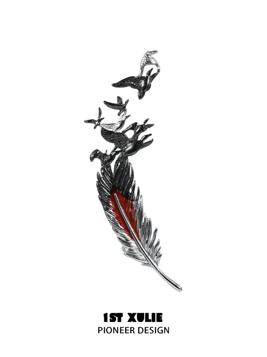 1ST XULIE Jewelry "Soaring Cranes" Two-Piece Crane Feather Brooch in Platinum Plated - Back View
