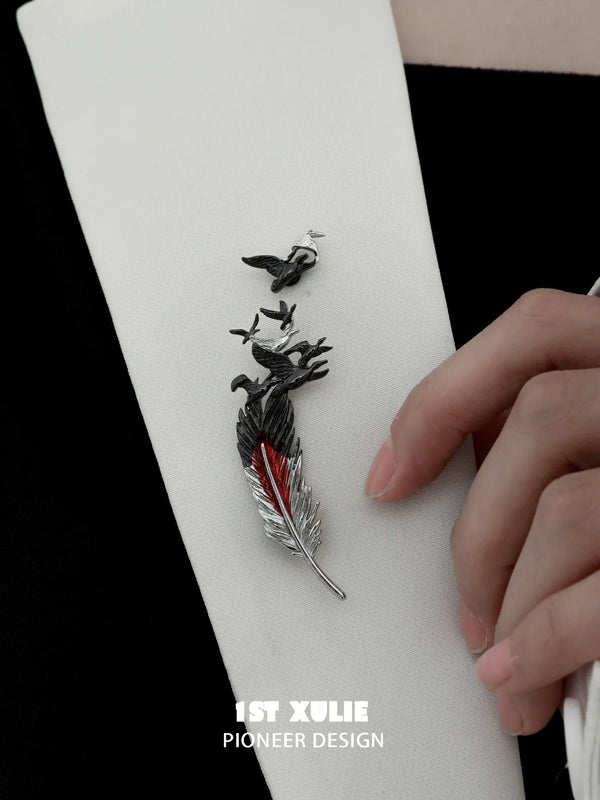 "Soaring Cranes" Platinum Plated Two-Piece Crane Feather Brooch, Lapel Pin
