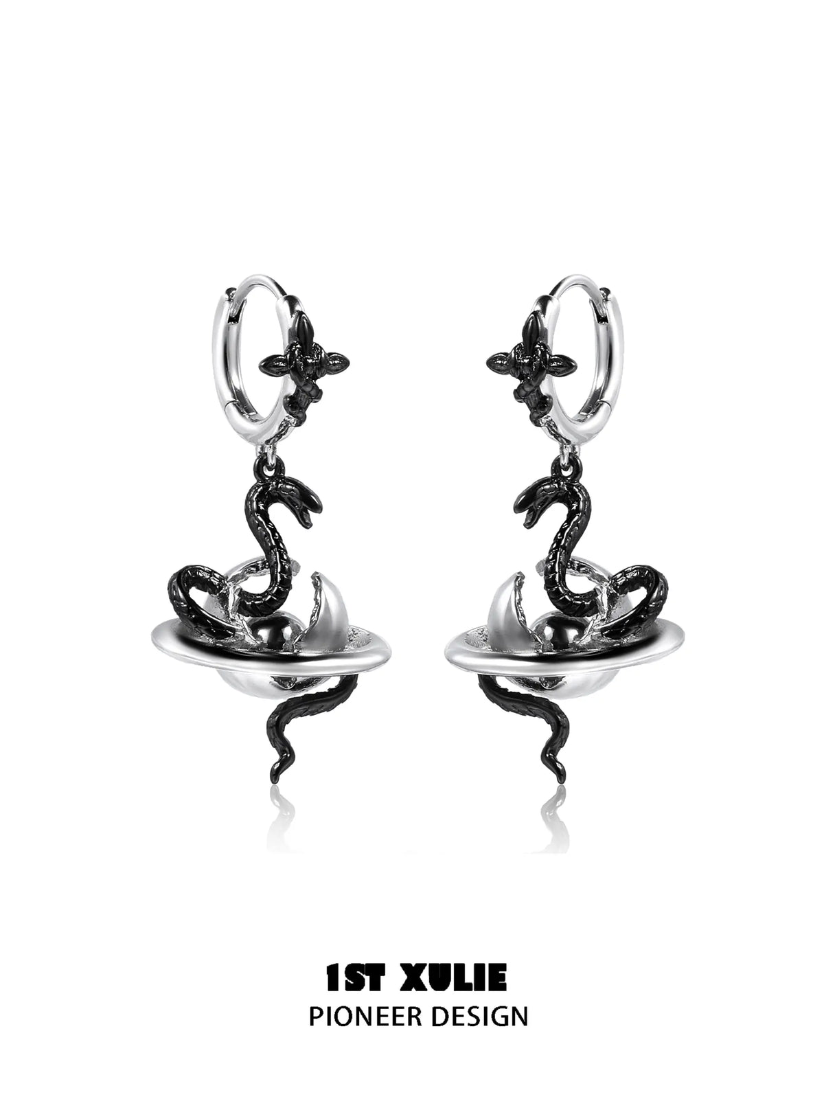 1ST XULIE "Snake Bite" Statement Two-Tone Serpent Dangle Earrings in Platinum & Black Gold Plated - Product View