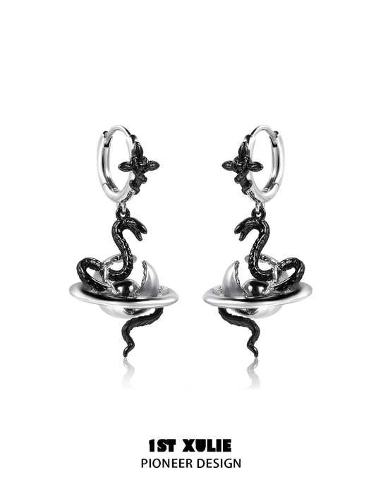 1ST XULIE "Snake Bite" Statement Two-Tone Serpent Dangle Earrings in Platinum & Black Gold Plated - Product View
