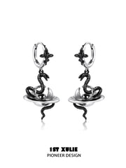 1ST XULIE "Snake Bite" Statement Two-Tone Serpent Dangle Earrings in Platinum & Black Gold Plated - Product View