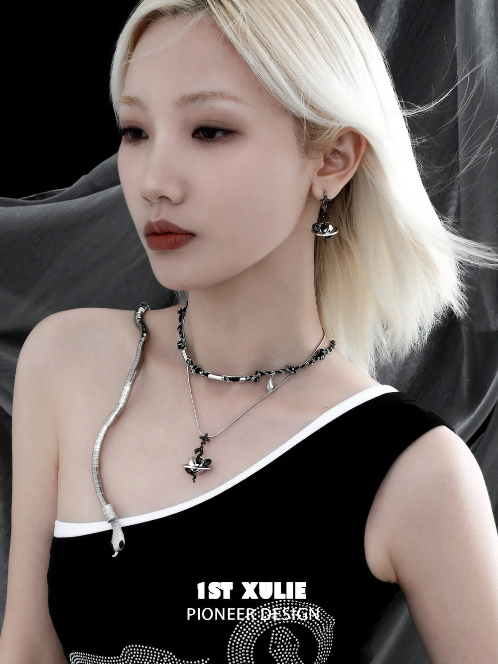 1ST XULIE "Snake Bite" Statement Two-Tone Serpent Dangle Earrings in Platinum & Black Gold Plated - Product View on black background