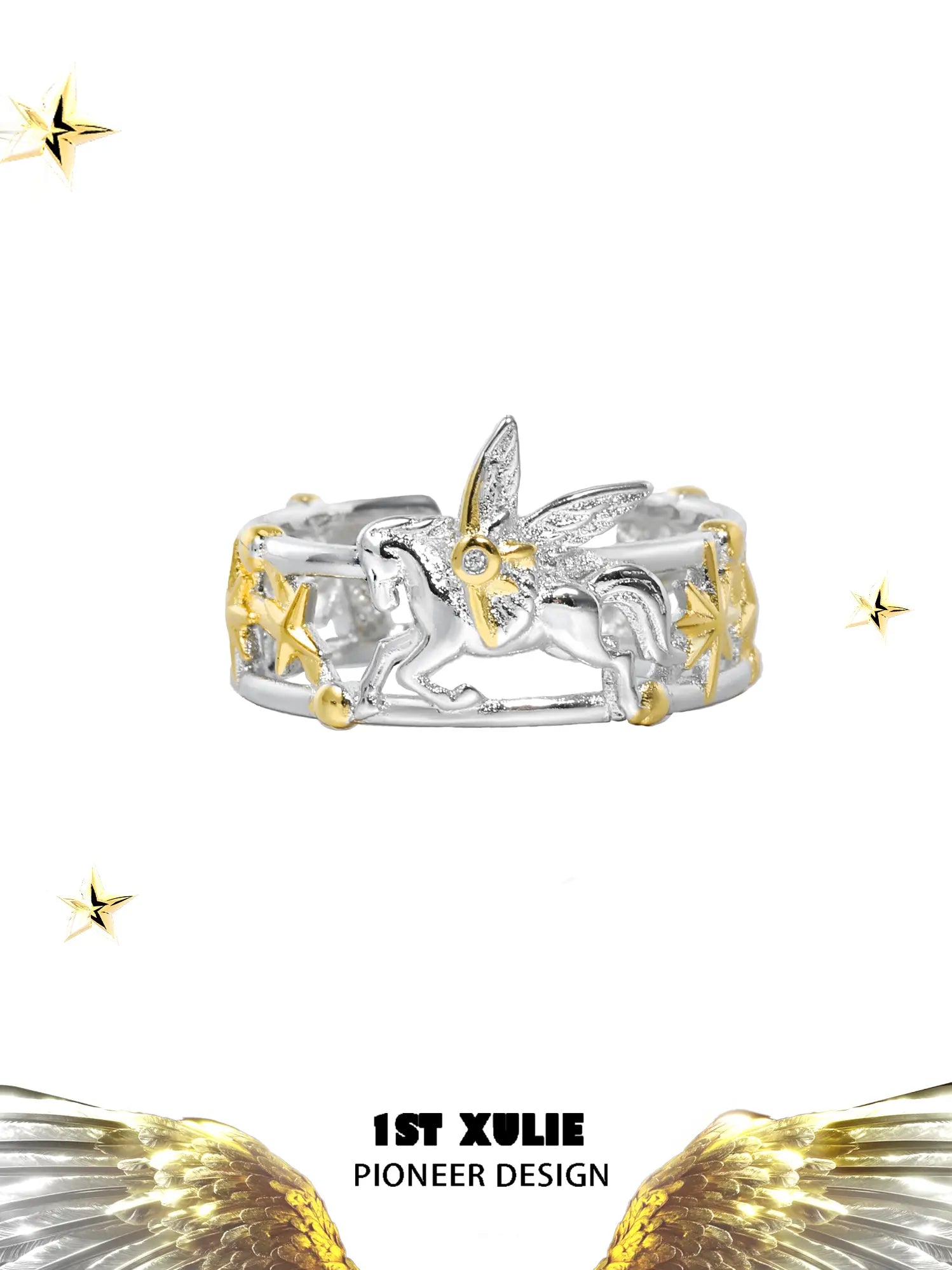 1ST XULIE Jewelry "DREAM HORSE" Unicorn Moon Adjustable Ring in 925 Sterling Silver - Angle View 1