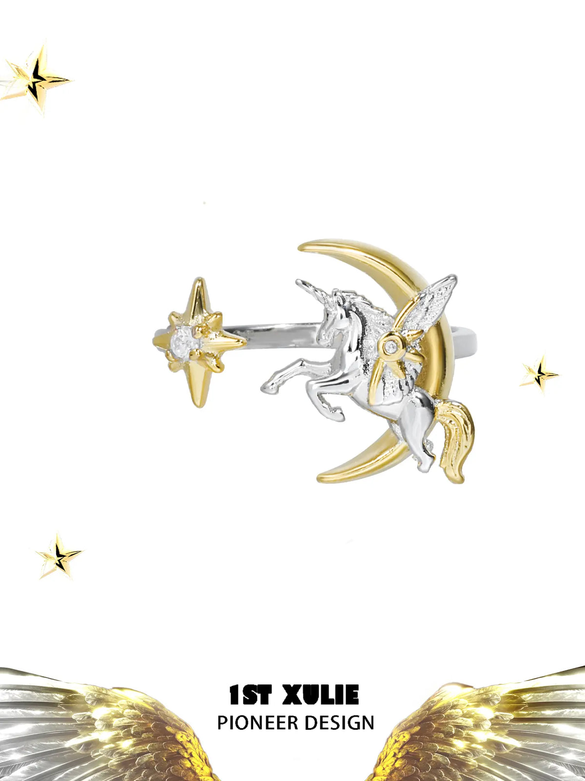 1ST XULIE Jewelry "DREAM HORSE" Unicorn Moon Adjustable Ring in 925 Sterling Silver - Angle View 12