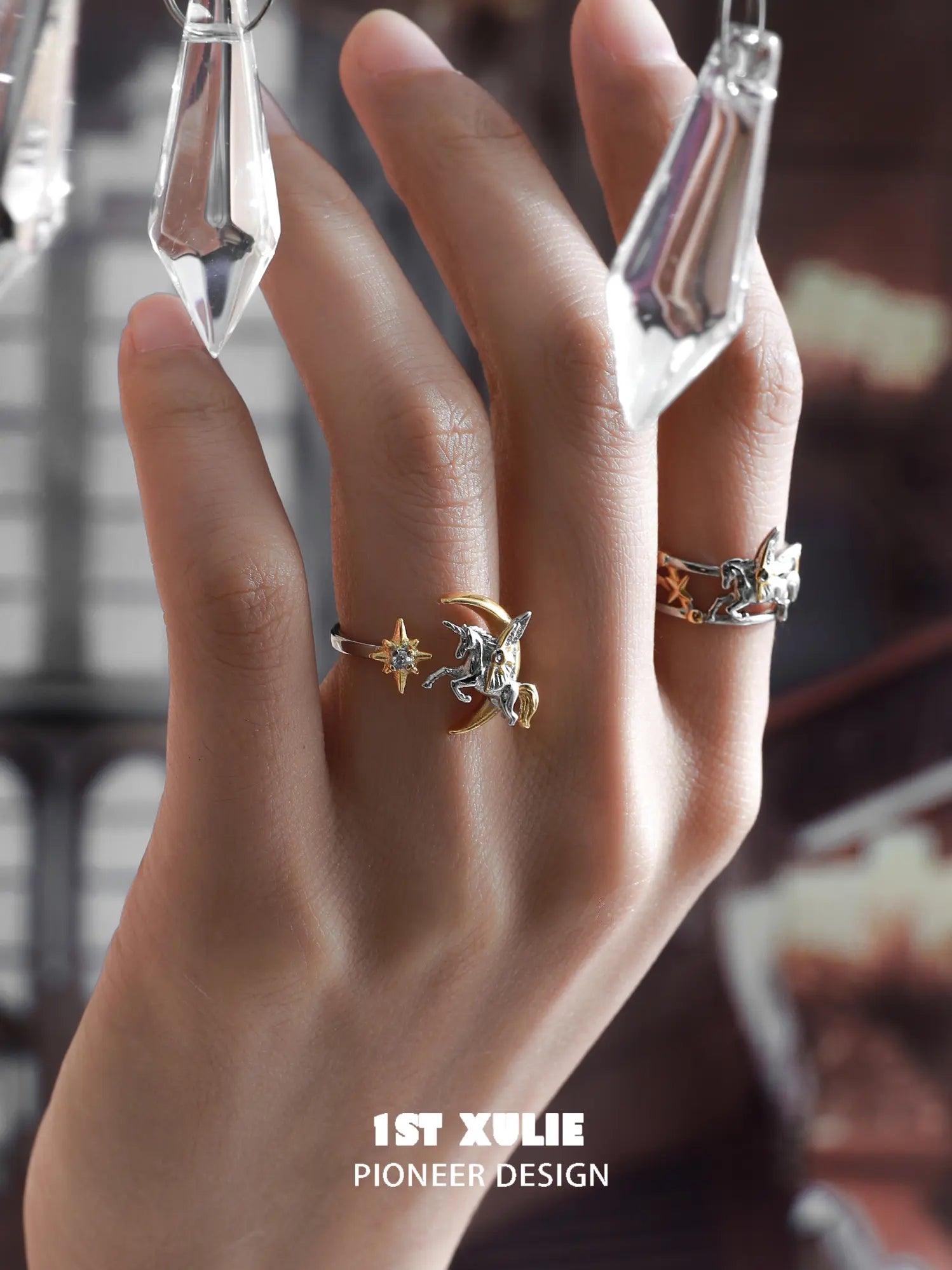 1ST XULIE Jewelry "DREAM HORSE" Unicorn Moon Adjustable Ring in 925 Sterling Silver - Detail Shot