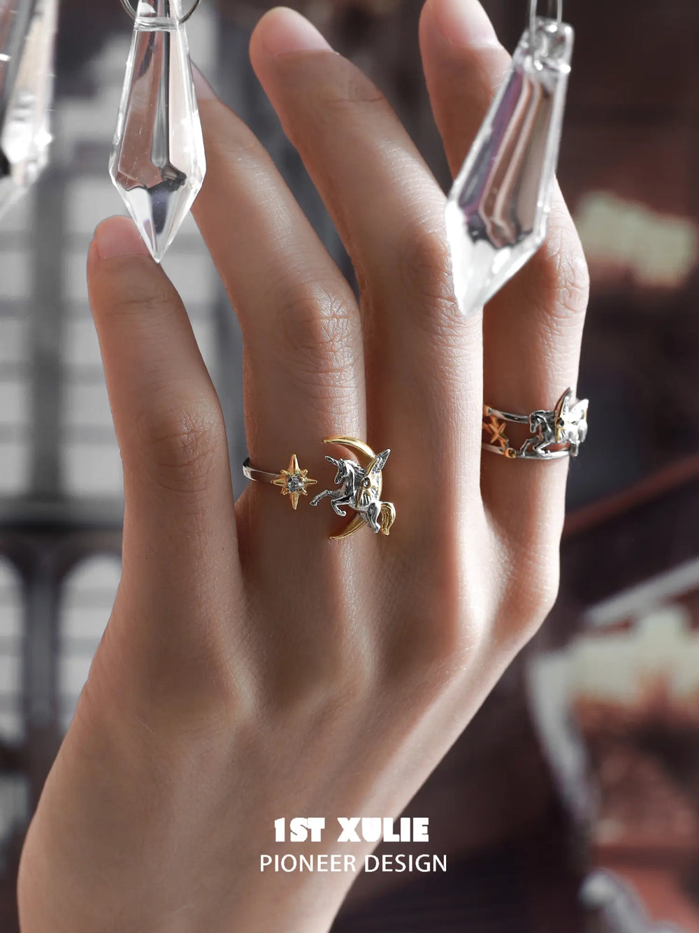 1ST XULIE Jewelry "DREAM HORSE" Unicorn Moon Adjustable Ring in 925 Sterling Silver - Detail Shot