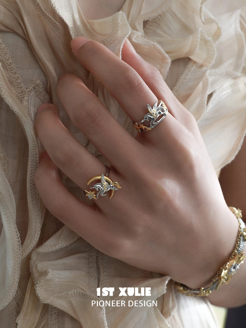 1ST XULIE Jewelry "DREAM HORSE" Unicorn Moon Adjustable Ring in 925 Sterling Silver - Product View