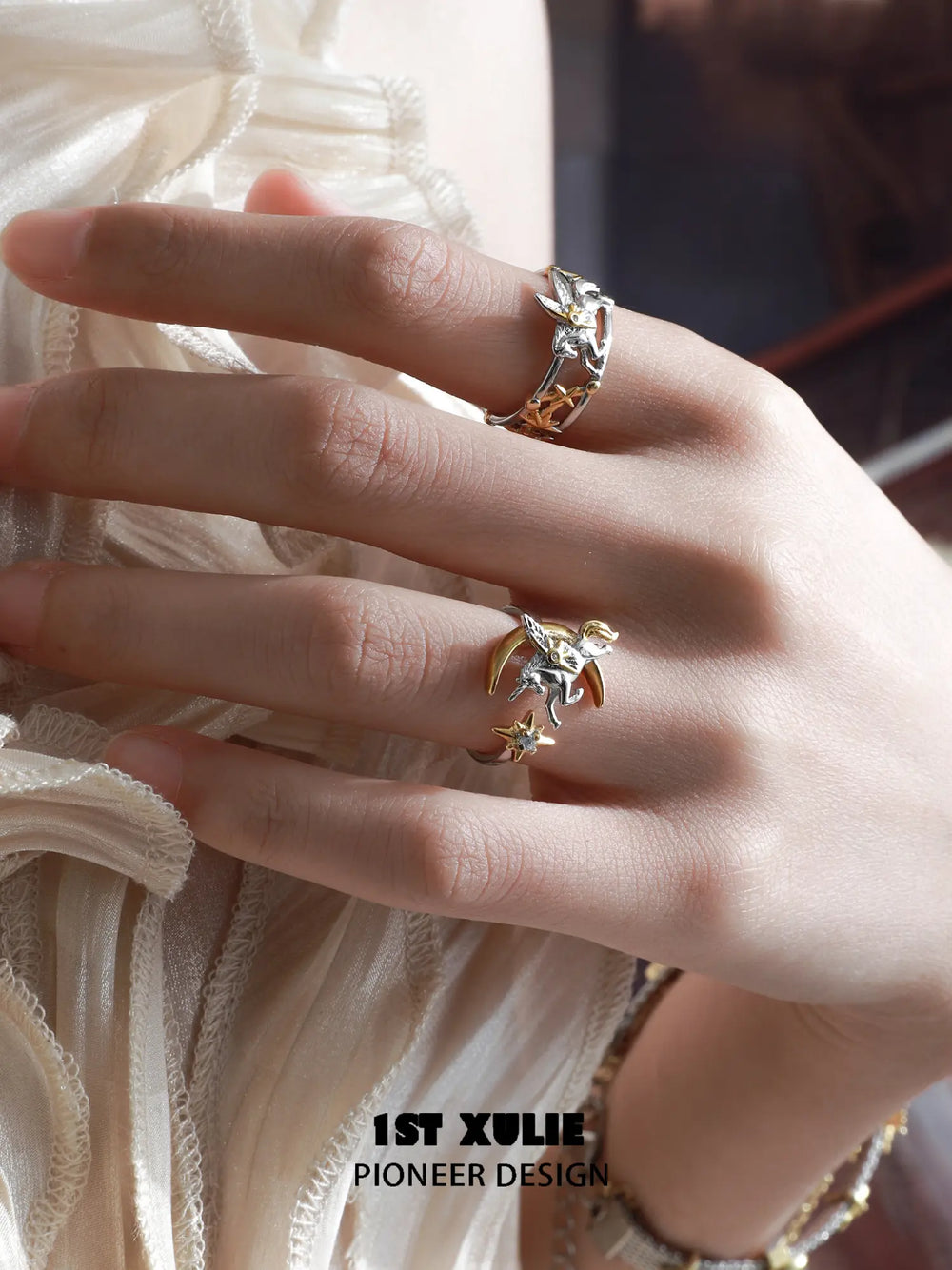 1ST XULIE Jewelry "DREAM HORSE" Unicorn Moon Adjustable Ring in 925 Sterling Silver - On Model