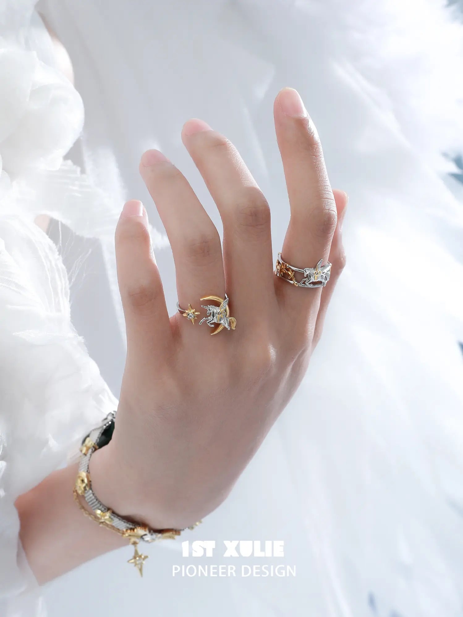 1ST XULIE Jewelry "DREAM HORSE" Unicorn Moon Adjustable Ring in 925 Sterling Silver - On Model Close Up