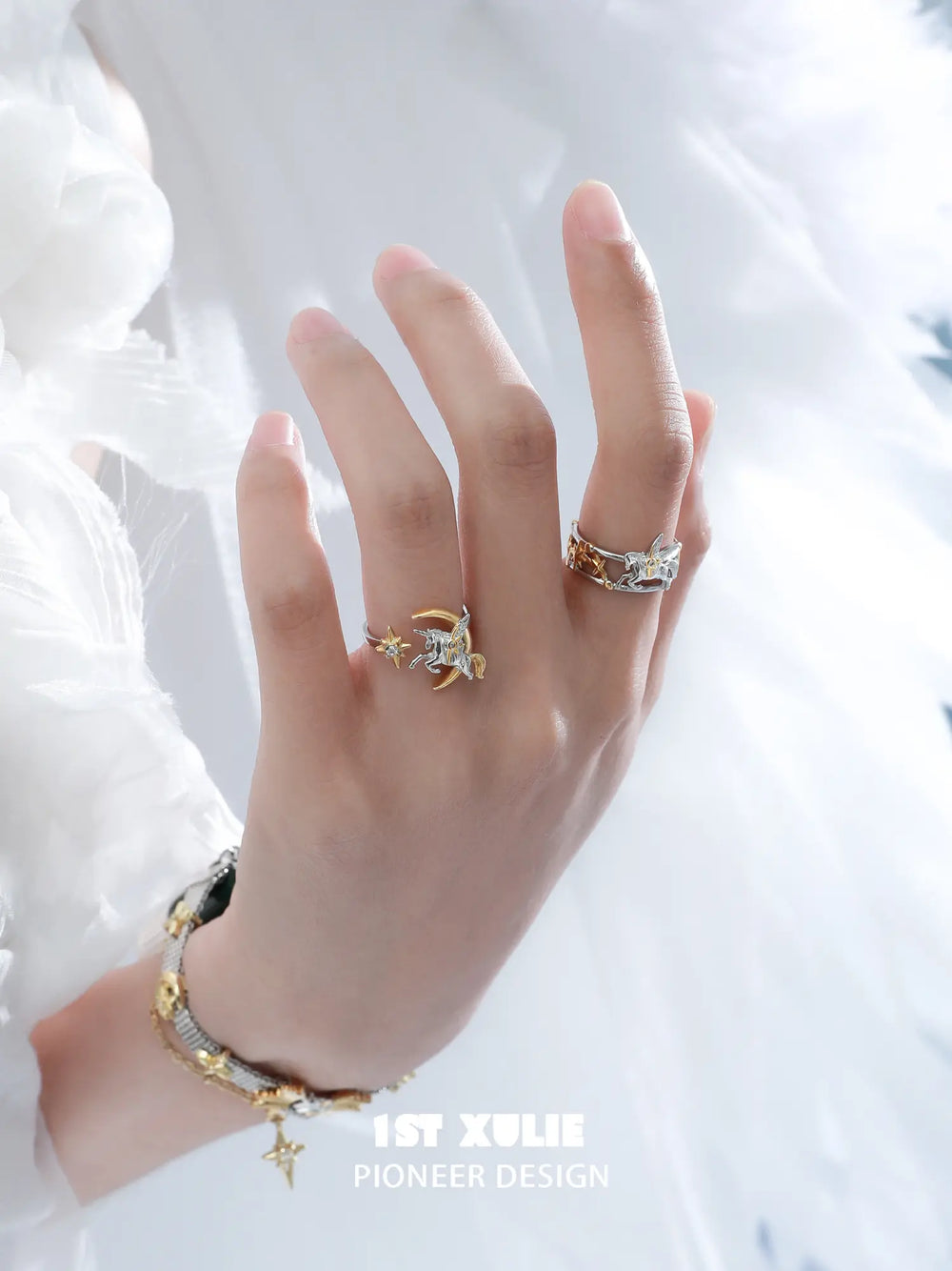 1ST XULIE Jewelry "DREAM HORSE" Unicorn Moon Adjustable Ring in 925 Sterling Silver - On Model Close Up