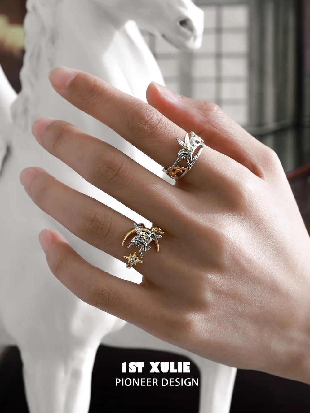 1ST XULIE Jewelry "DREAM HORSE" Unicorn Moon Adjustable Ring in 925 Sterling Silver - Side View