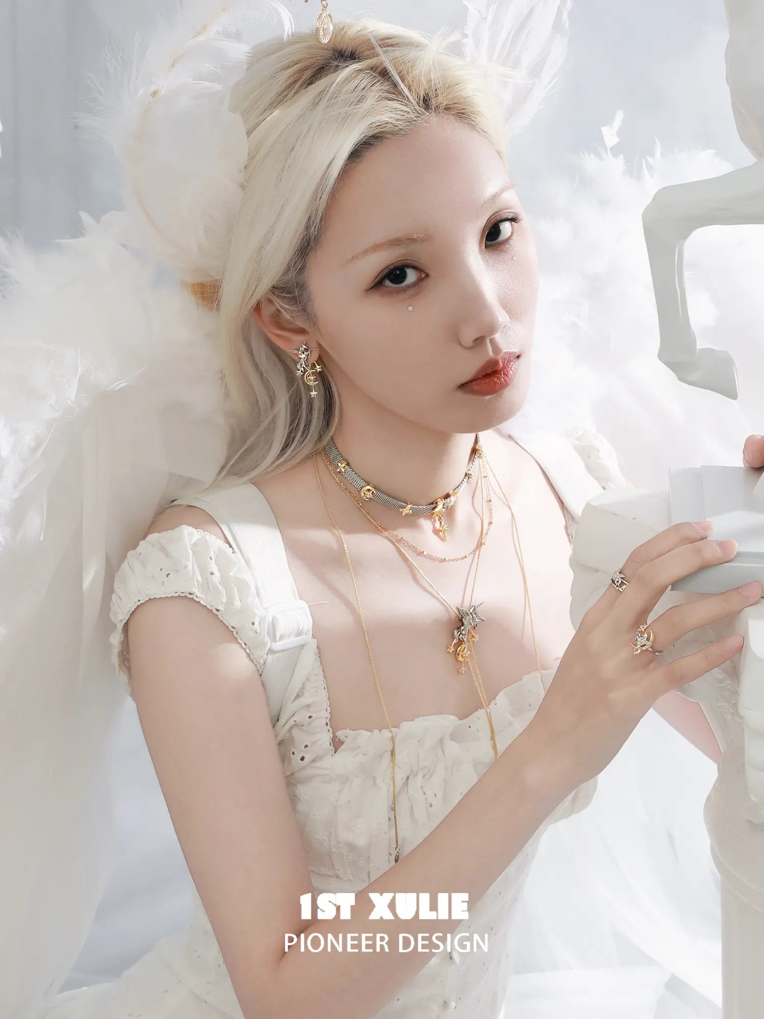 1ST XULIE "DREAM HORSE" Detachable Unicorn Moon & Star Drop Earrings in 18K Gold & Platinum Plate - Angle View