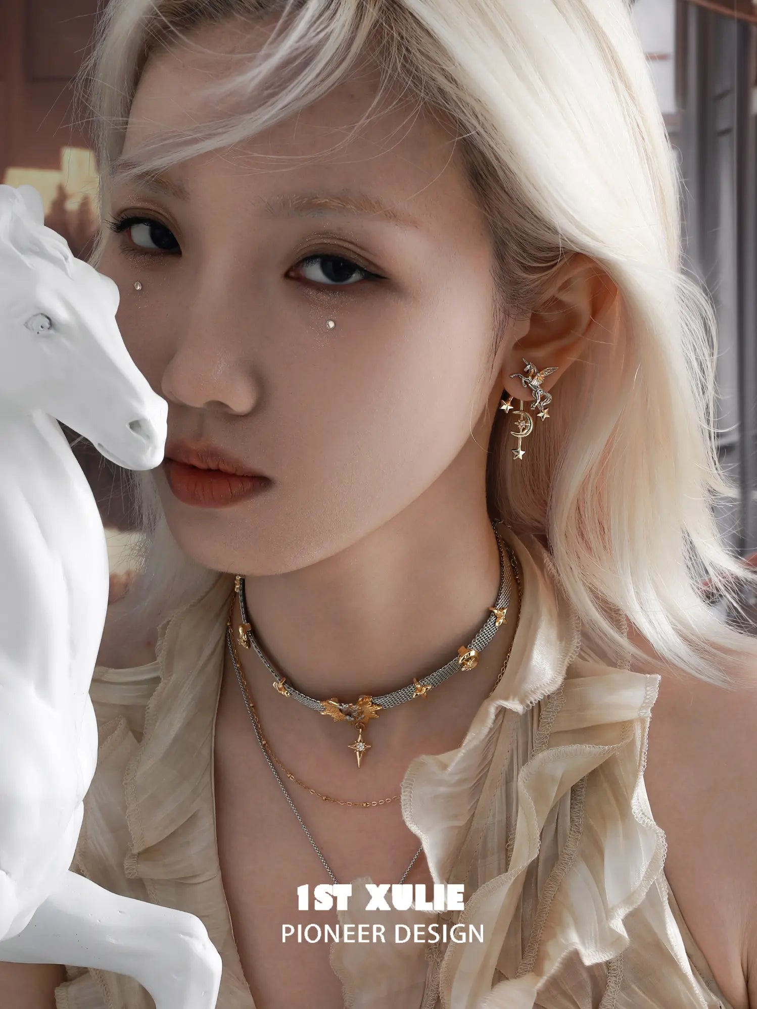 1ST XULIE "DREAM HORSE" Detachable Unicorn Moon & Star Drop Earrings in 18K Gold & Platinum Plate - Lifestyle Shot
