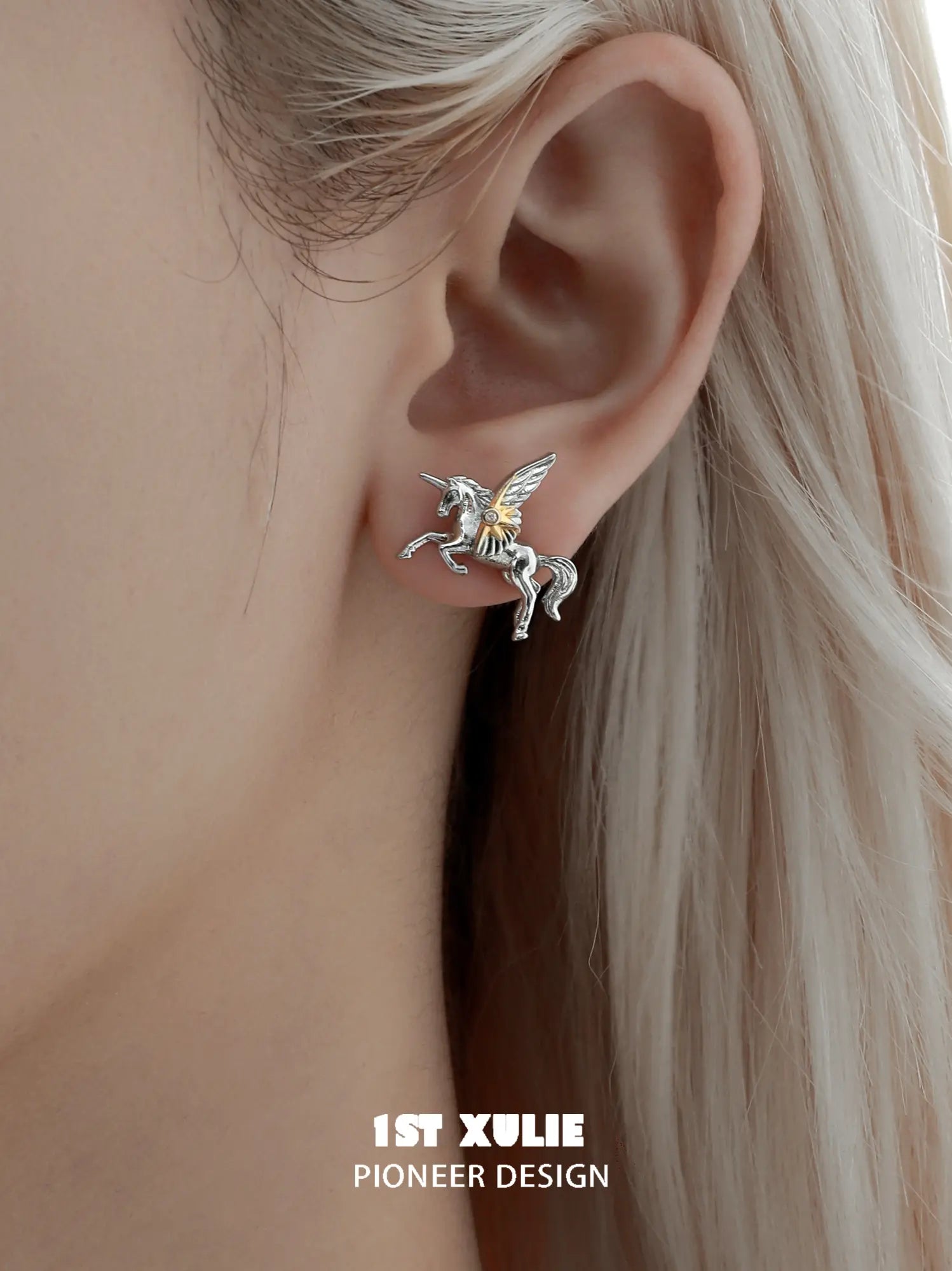 1ST XULIE "DREAM HORSE" Detachable Unicorn Moon & Star Drop Earrings in 18K Gold & Platinum Plate - On Model Close Up