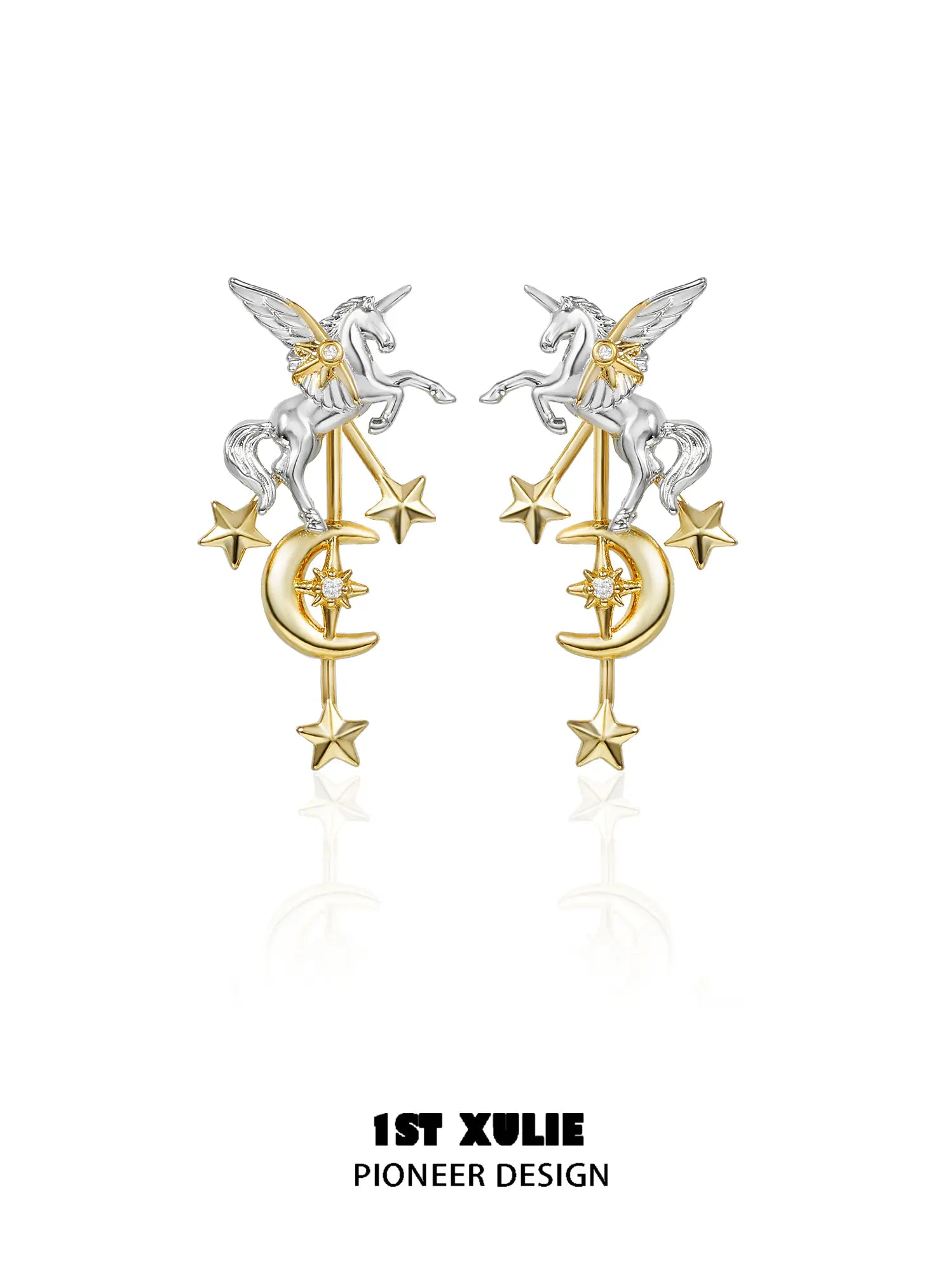 1ST XULIE "DREAM HORSE" Detachable Unicorn Moon & Star Drop Earrings in 18K Gold & Platinum Plate - Packaging View