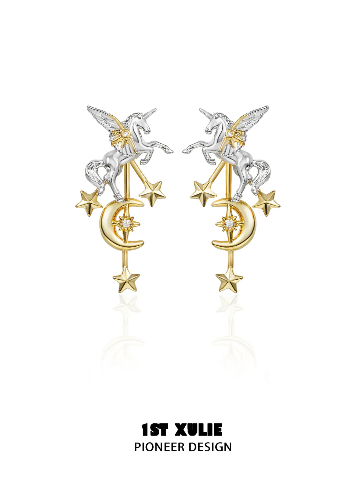 1ST XULIE "DREAM HORSE" Detachable Unicorn Moon & Star Drop Earrings in 18K Gold & Platinum Plate - Packaging View