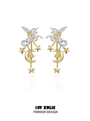 1ST XULIE "DREAM HORSE" Detachable Unicorn Moon & Star Drop Earrings in 18K Gold & Platinum Plate - Packaging View