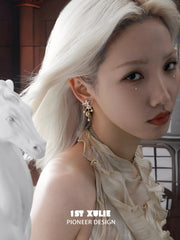 1ST XULIE "DREAM HORSE" Detachable Unicorn Moon & Star Drop Earrings in 18K Gold & Platinum Plate - Side View