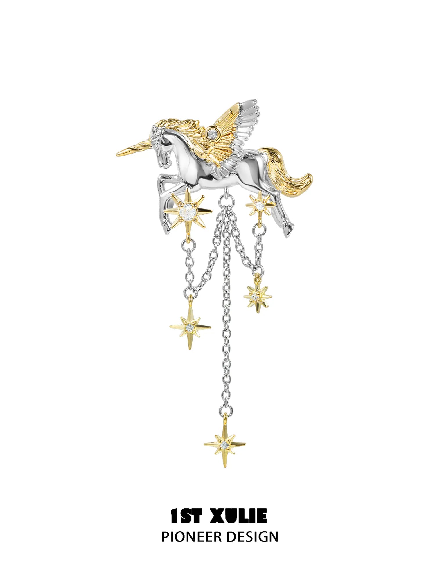 1ST XULIE "DREAM HORSE" Unicorn Tassel Brooch in Platinum & 18K Gold Plating - Lifestyle Shot