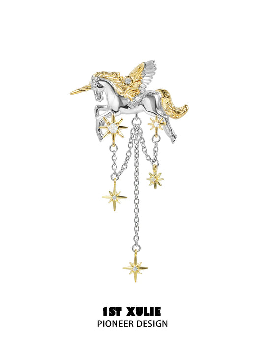 1ST XULIE "DREAM HORSE" Unicorn Tassel Brooch in Platinum & 18K Gold Plating - Lifestyle Shot