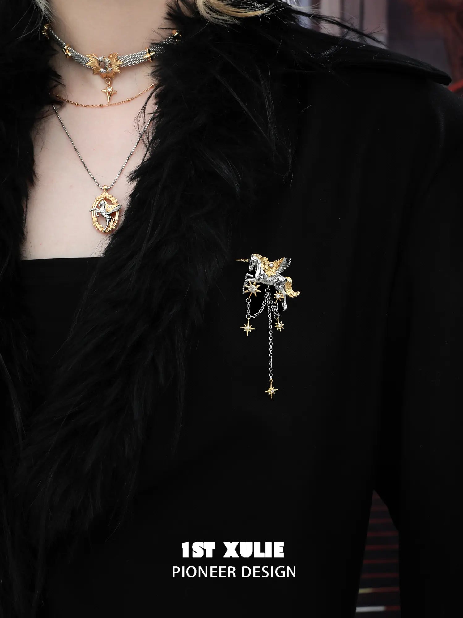 1ST XULIE "DREAM HORSE" Unicorn Tassel Brooch in Platinum & 18K Gold Plating - Side View