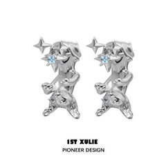 1ST XULIE "Cat's Gaze" Upside Down Cat Head Dangle Earrings in Platinum Plated Brass - Angle View