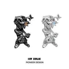 1ST XULIE "Cat's Gaze" Upside Down Cat Head Dangle Earrings in Platinum Plated Brass - Lifestyle Shot