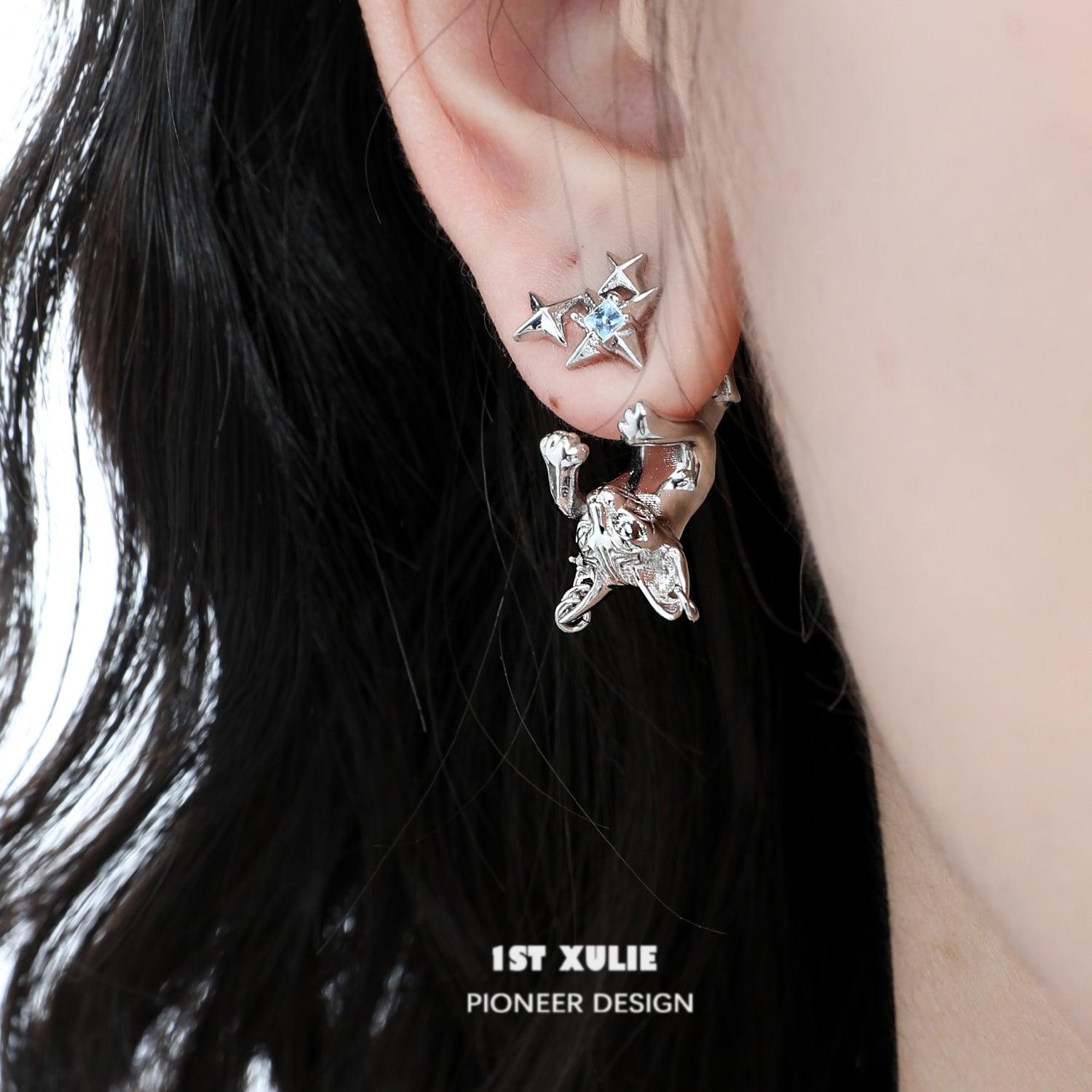 1ST XULIE "Cat's Gaze" Upside Down Cat Head Dangle Earrings in Platinum Plated Brass - Product View