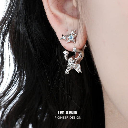 1ST XULIE "Cat's Gaze" Upside Down Cat Head Dangle Earrings in Platinum Plated Brass - Product View