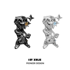 1ST XULIE "Cat's Gaze" Upside Down Cat Head Dangle Earrings in Platinum Plated Brass - On Model