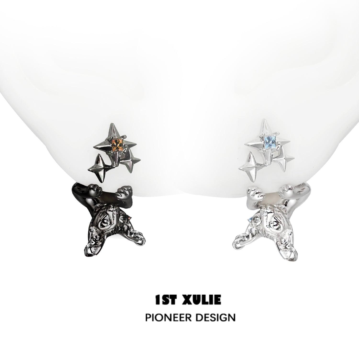 1ST XULIE "Cat's Gaze" Upside Down Cat Head Dangle Earrings in Platinum Plated Brass - On Model Close Up