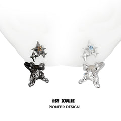 1ST XULIE "Cat's Gaze" Upside Down Cat Head Dangle Earrings in Platinum Plated Brass - On Model Close Up