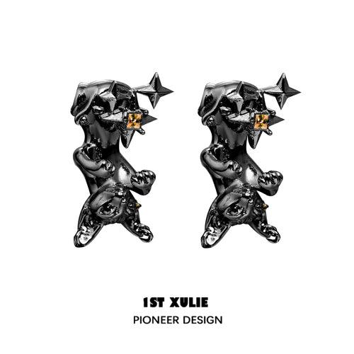 1ST XULIE "Cat's Gaze" Upside Down Cat Head Dangle Earrings in Platinum Plated Brass - Side View On Model