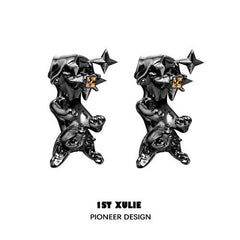 1ST XULIE "Cat's Gaze" Upside Down Cat Head Dangle Earrings in Platinum Plated Brass - Side View On Model