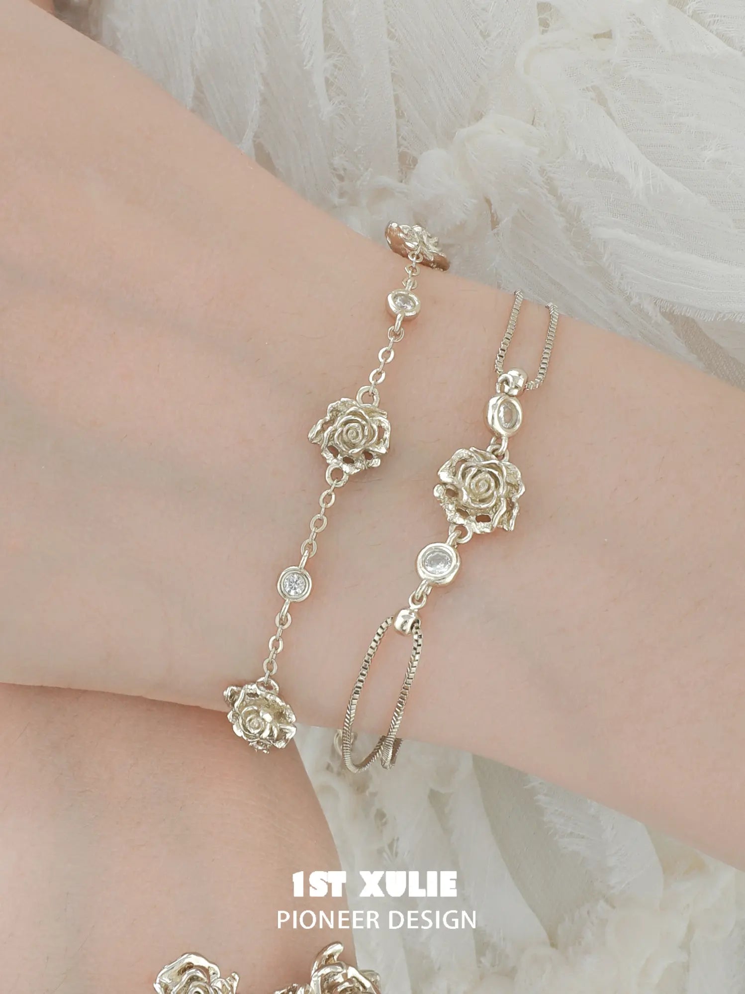 1ST XULIE Jewelry "Lace Rose" Victorian Floral Zirconia Bracelet in Light Gold - Angle 1