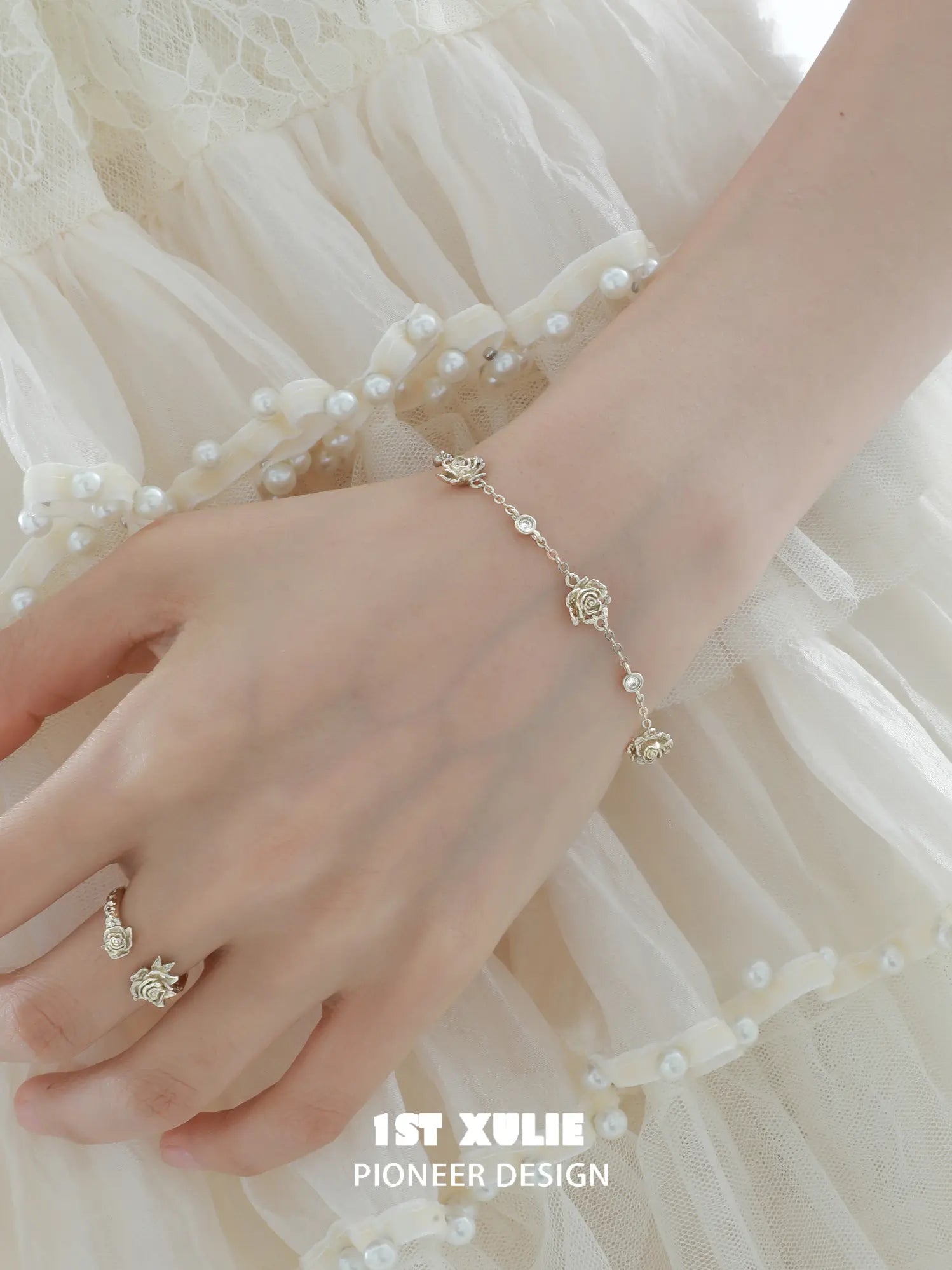 "Lace Rose" Light Gold Plated Victorian Floral Zirconia Bracelet - Image 14