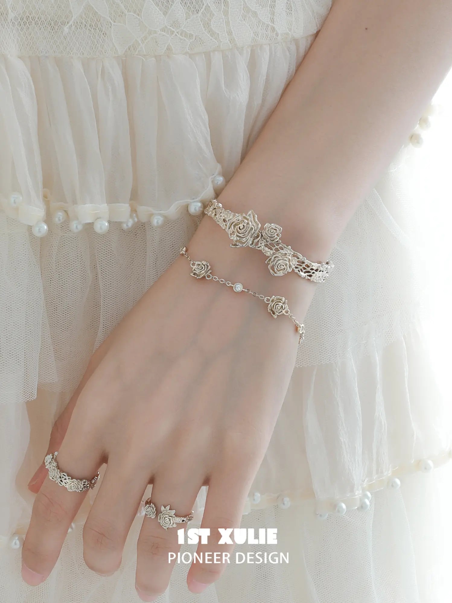 1ST XULIE Jewelry "Lace Rose" Victorian Floral Zirconia Bracelet in Light Gold - Back View