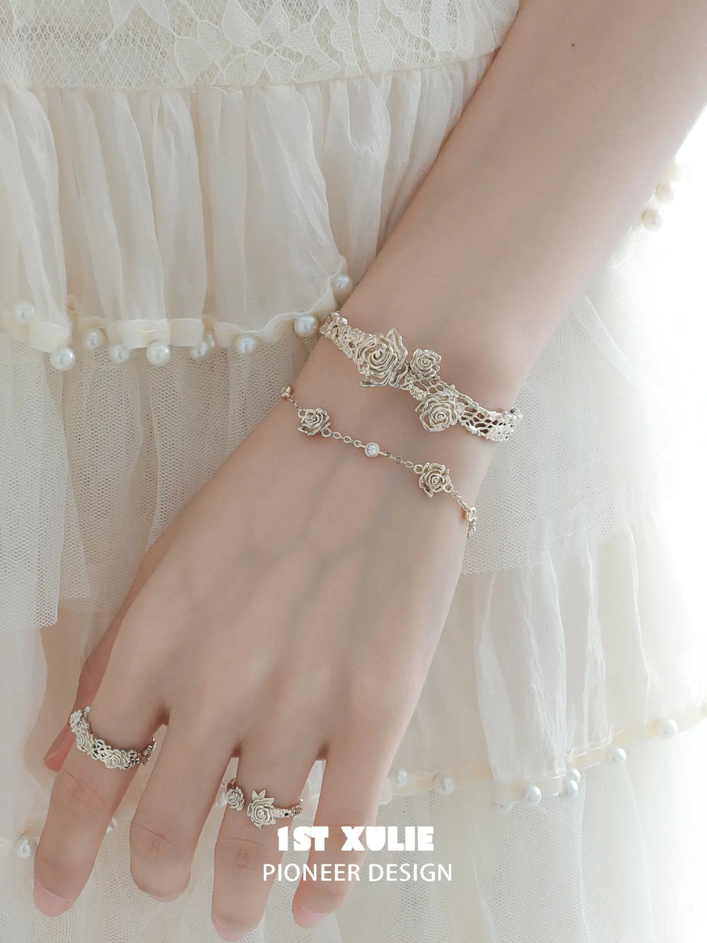 1ST XULIE Jewelry "Lace Rose" Victorian Floral Zirconia Bracelet in Light Gold - Back View